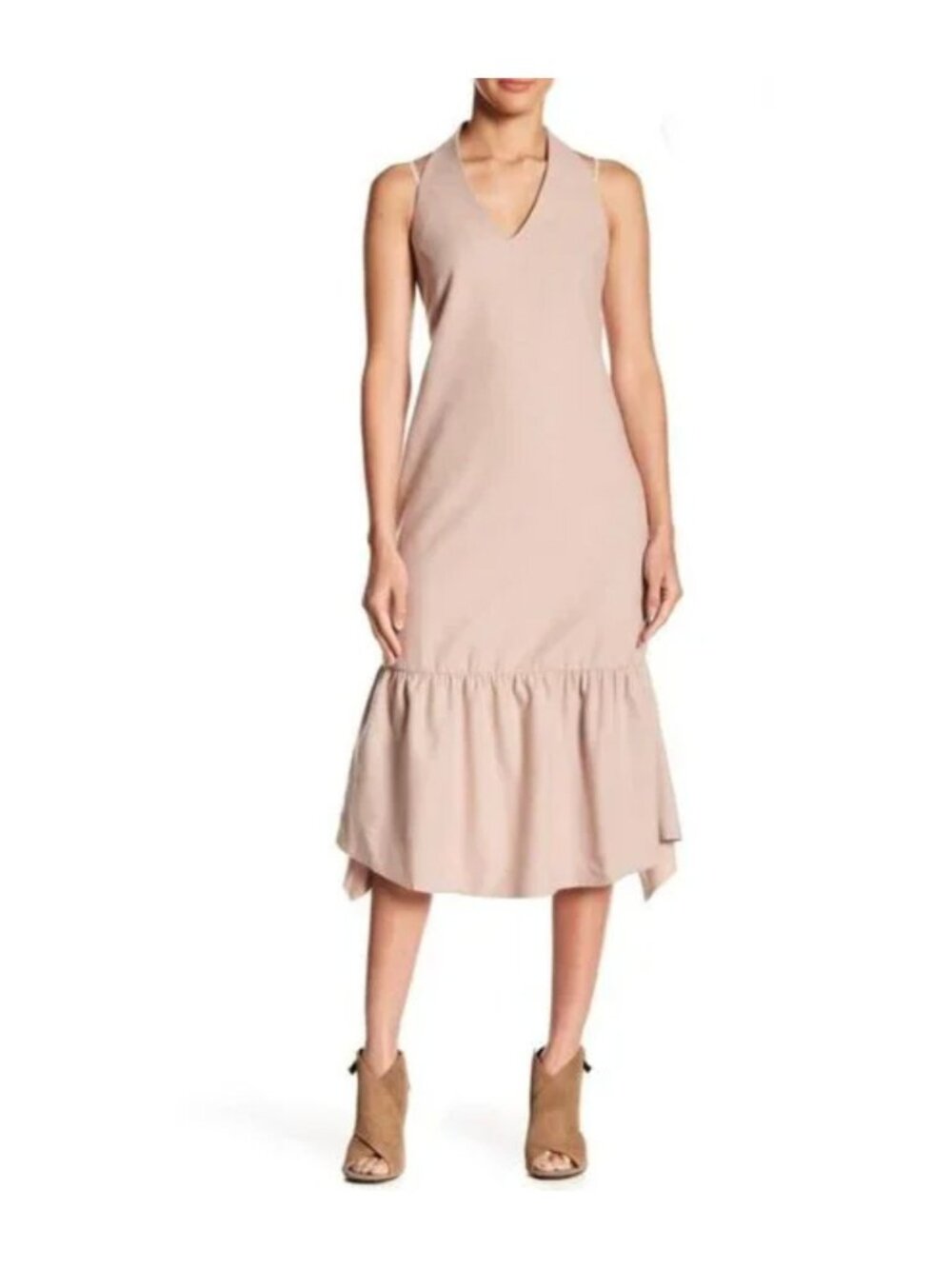 AllSaints Emelie Wool Dress Ruffle Midi Sleeveless Blush Pink Pale Dogwood US 6